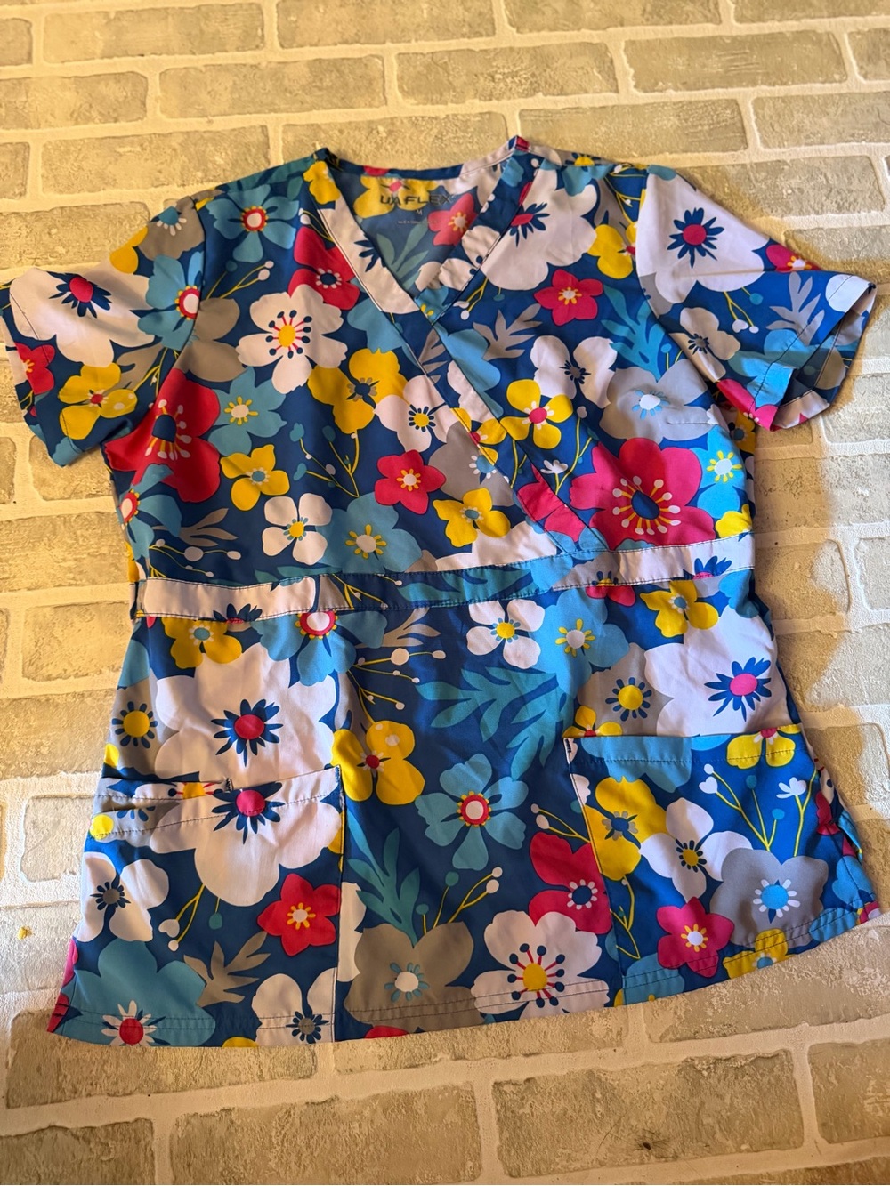 UA Flex Scrubs Floral Print V-Neck Top in Blue, Yellow, Pink, White